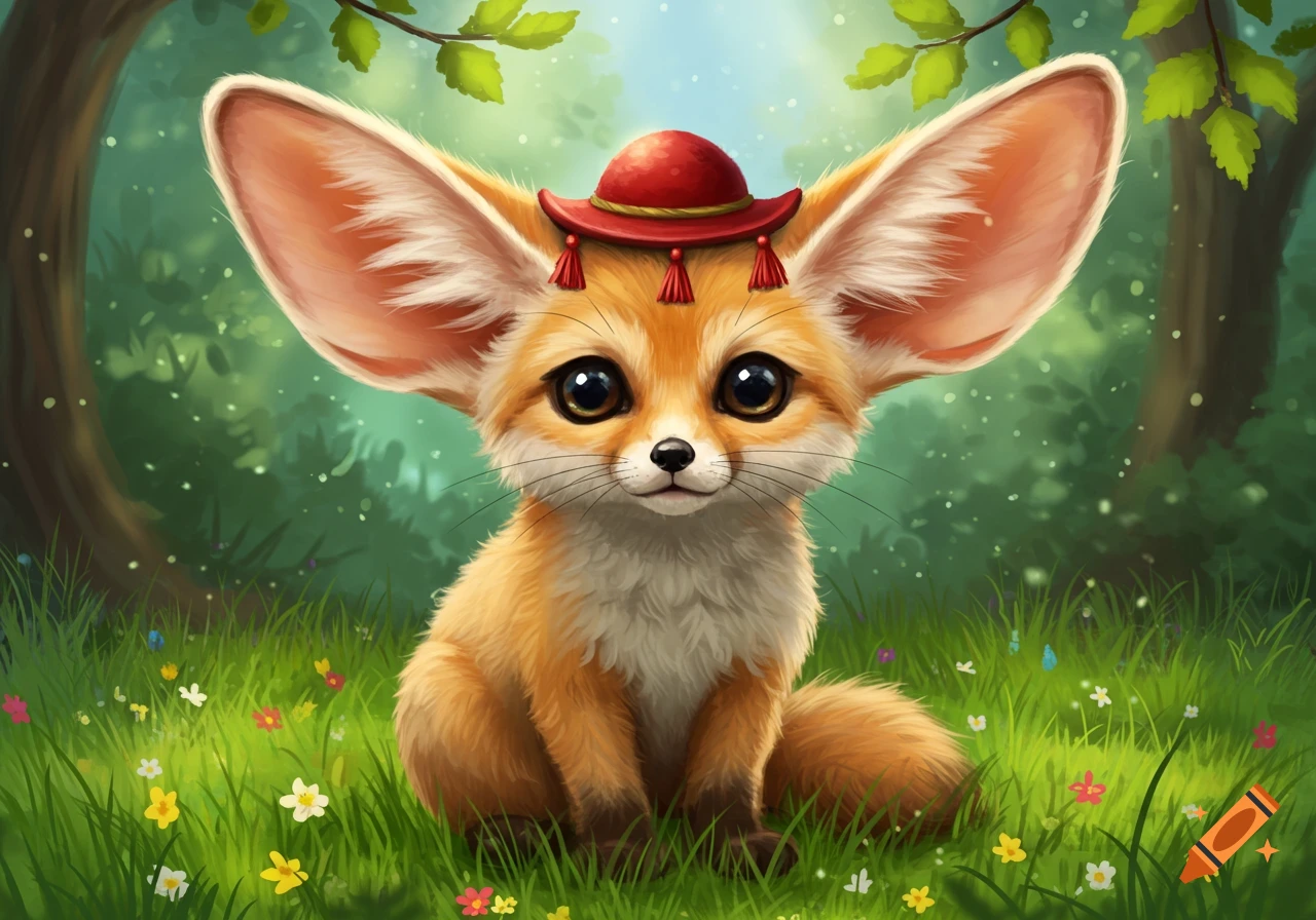 A cute cartoon fennec fox with large ears and a small red hat sits in a grassy, flower-filled forest.
