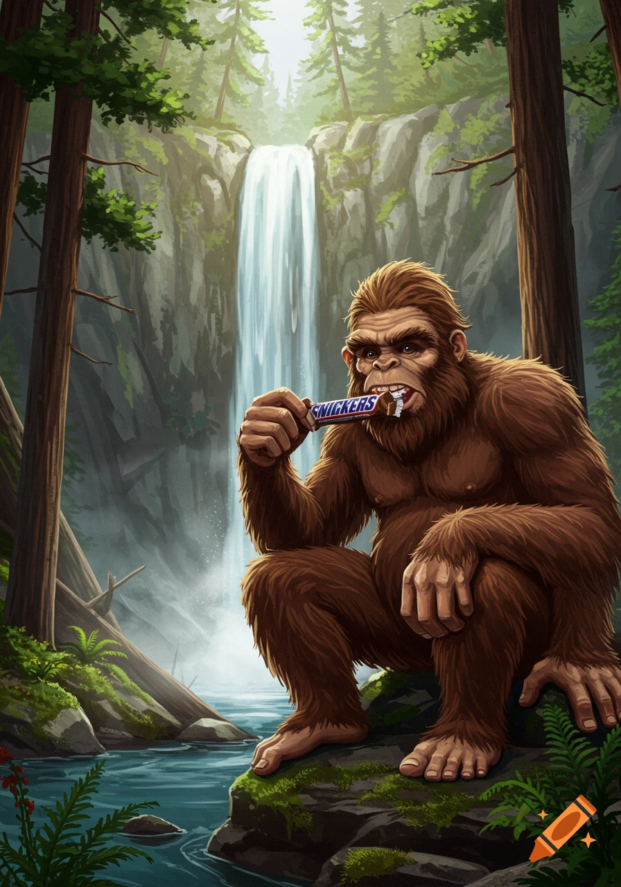 Shaggy Bigfoot eating a Snickers bar by a remote mountain waterfall in a lush forest, detailed illustration.