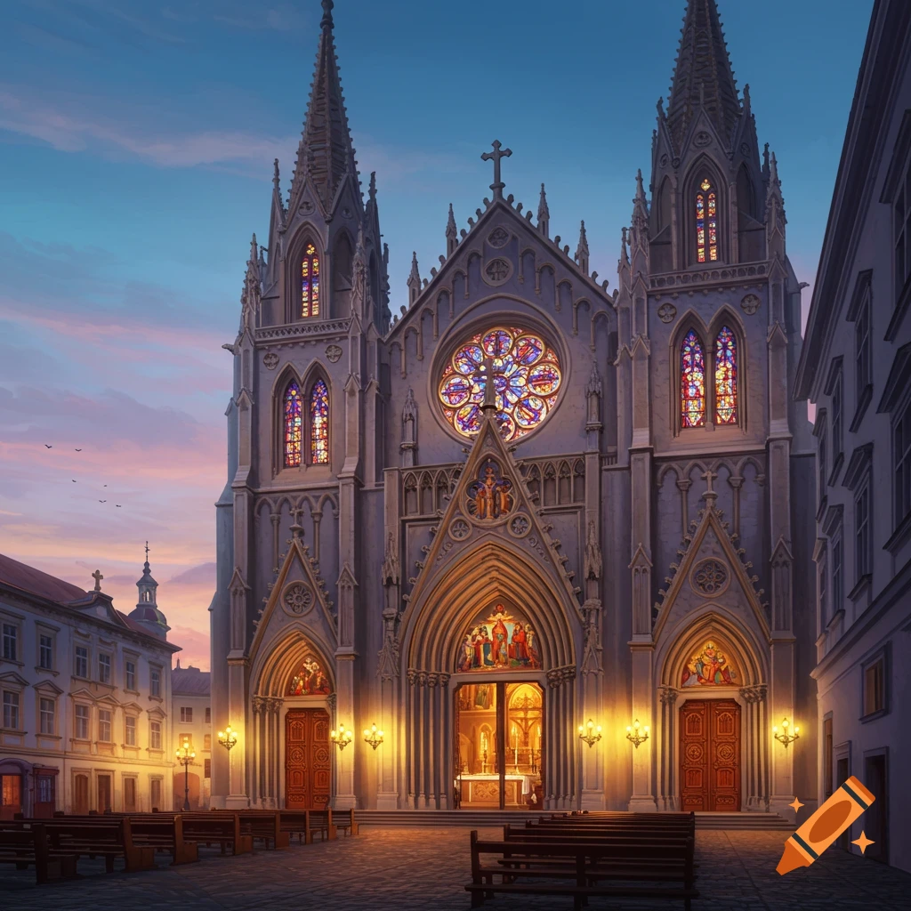 Ornate Gothic Catholic cathedral at dusk, illuminated stained glass windows, and glowing entrance in a city square.
