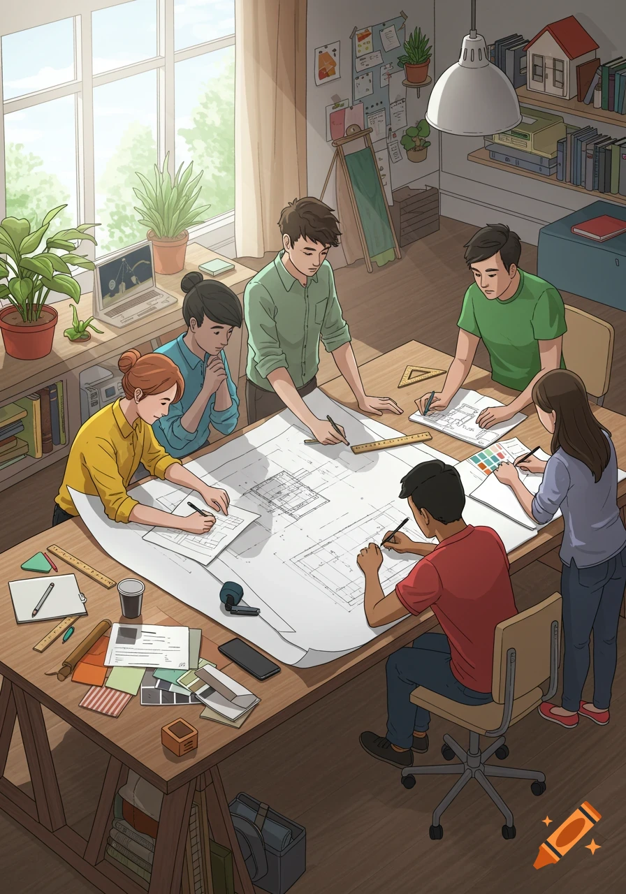 Five designers collaboratively drawing on large blueprints at a wooden table in a bright, modern office.