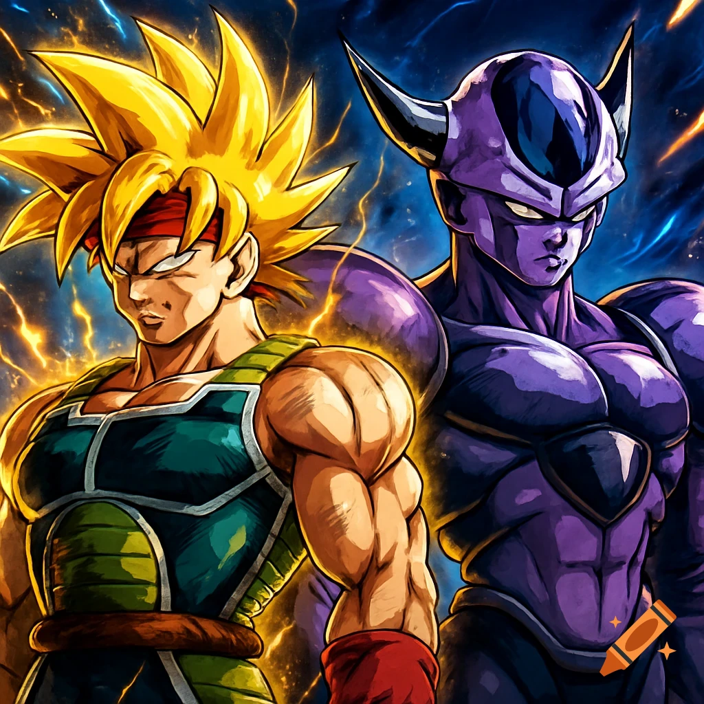 Super Saiyan Bardock and King Cold stand side by side in Dragon Ball anime style, with a stormy electric background.