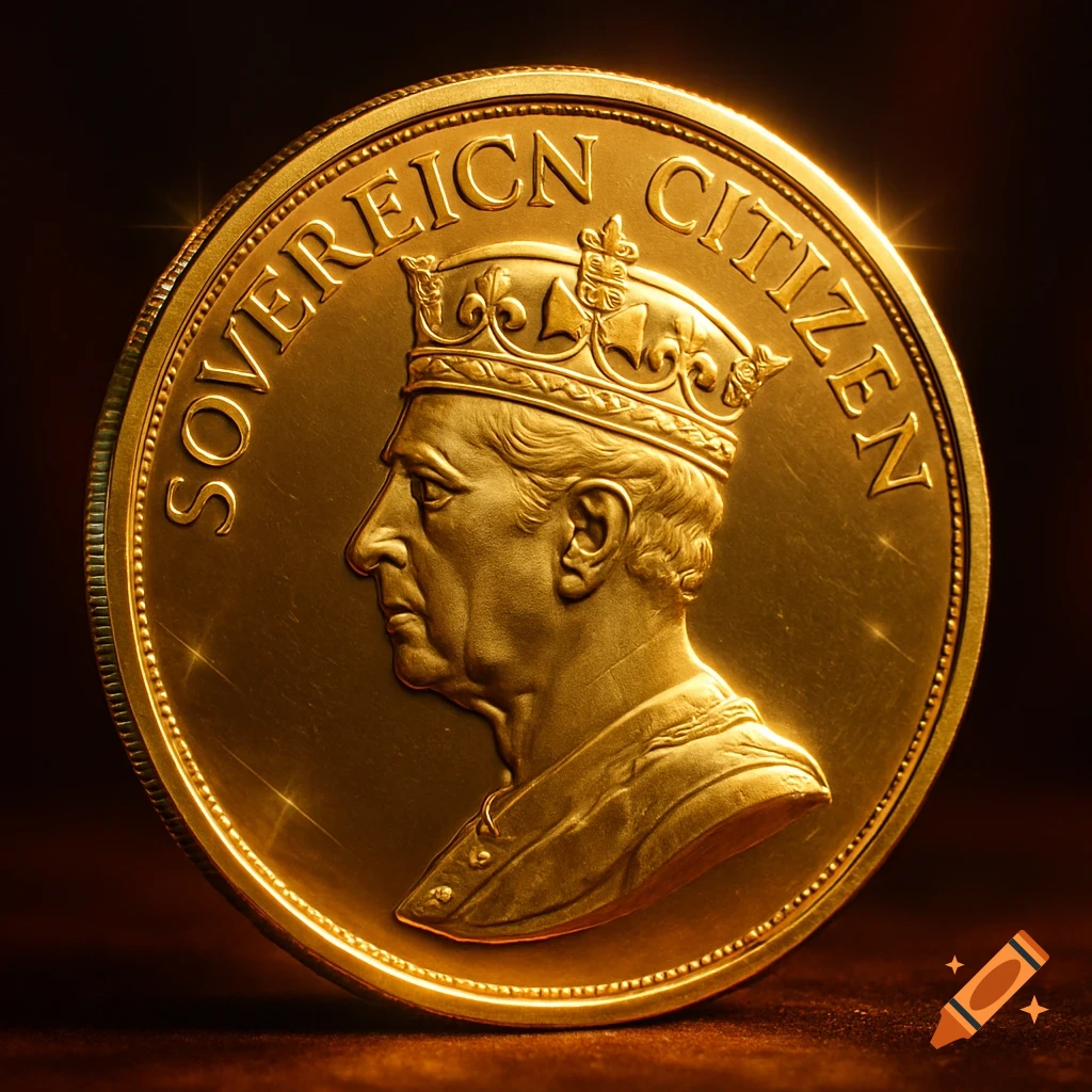 Close-up of a shiny gold coin featuring a regal profile bust in a crown and the words "SOVEREIGN CITIZEN" embossed around the edge.