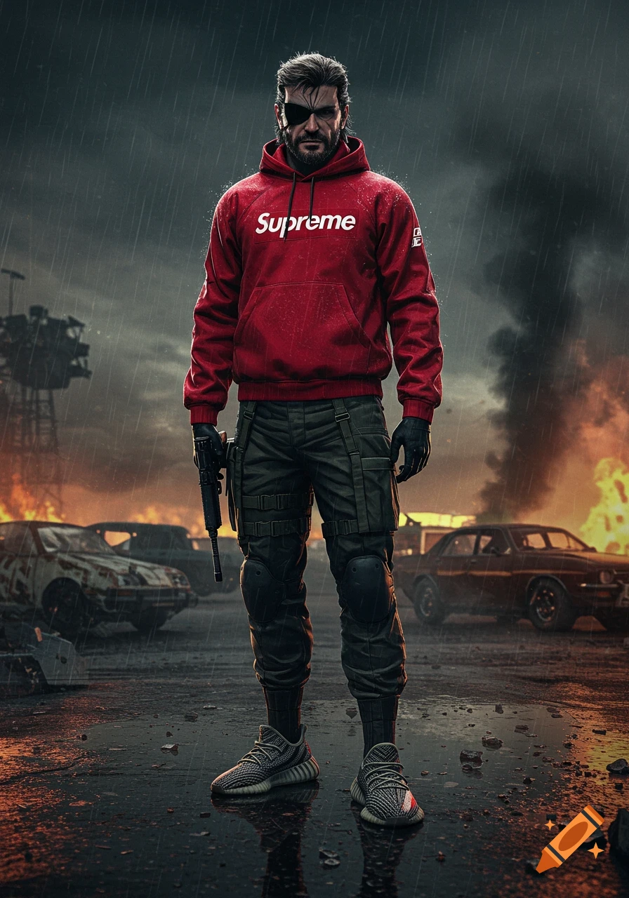 A man resembling Solid Snake in a red Supreme hoodie, combat gear, and Yeezy shoes holds a gun in a rainy, war-torn city with burning cars.