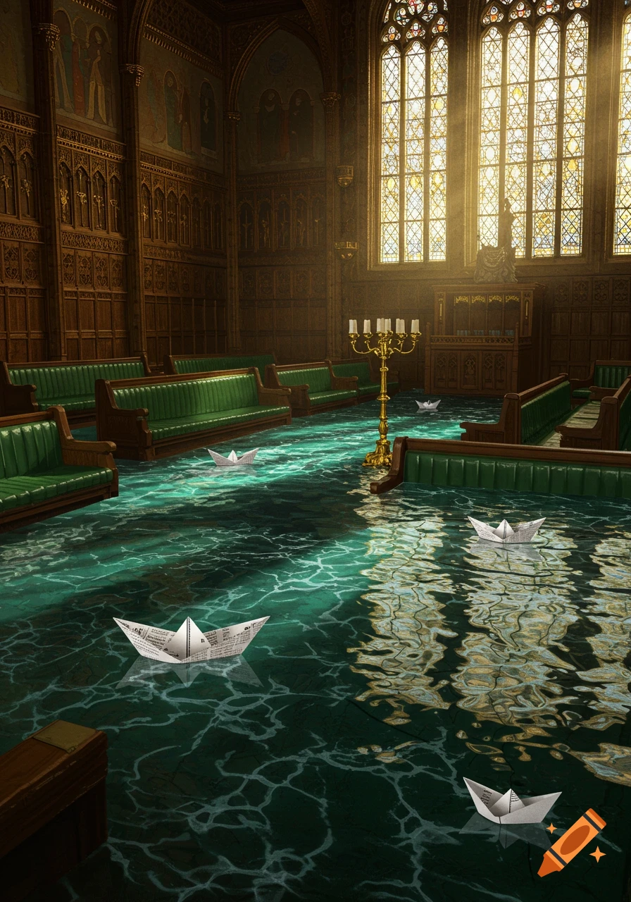A grand, ornate hall resembling the Houses of Parliament is flooded with deep green water, dotted with small paper boats. Sunlight streams through tall stained-glass windows.
