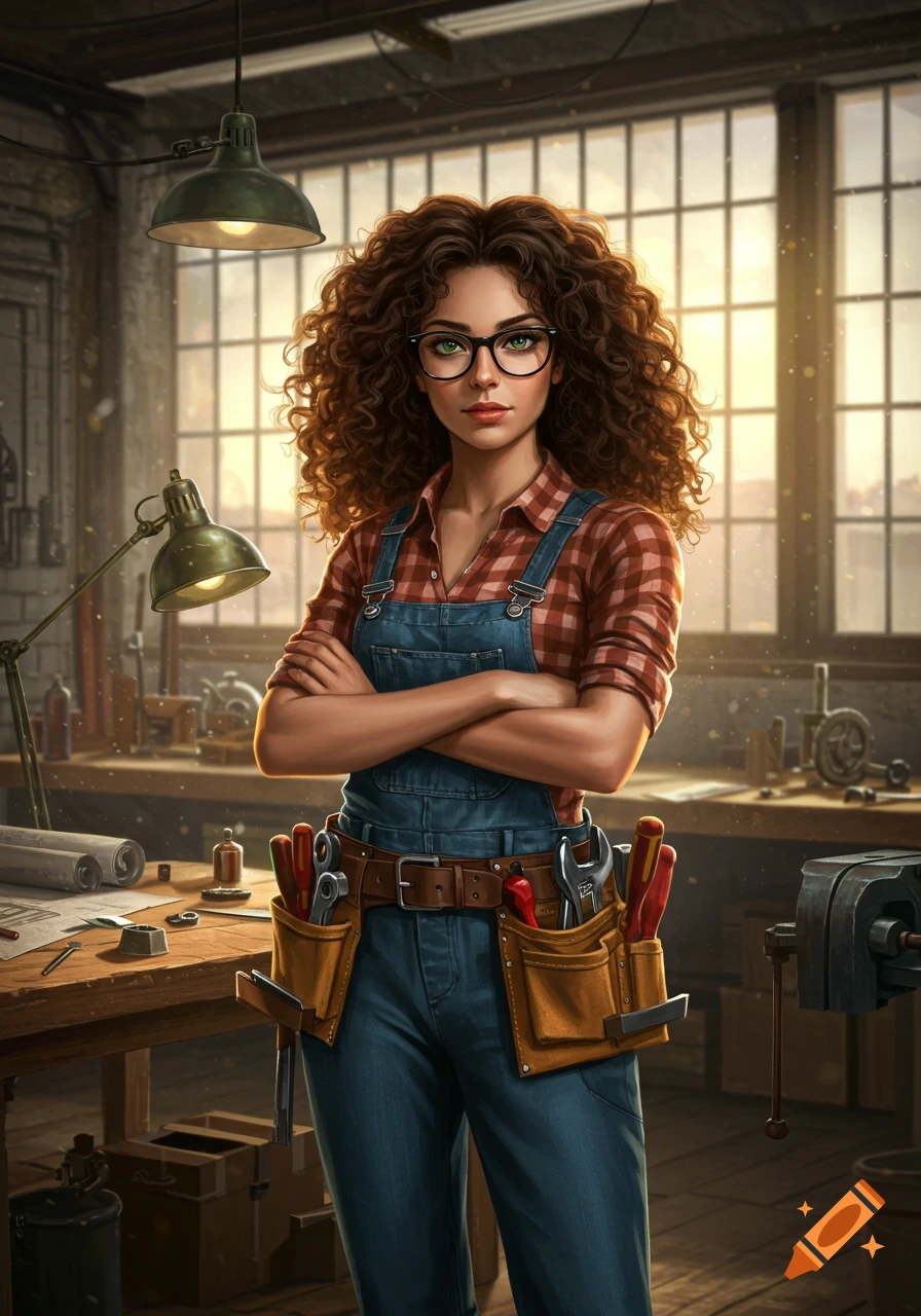 A detailed illustration of a handywoman with curly brown hair, green eyes, and glasses, standing in a workshop with tools.