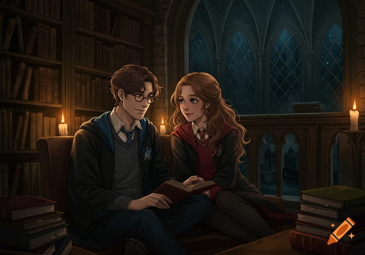 Anime drawing of a Ravenclaw boy and a Gryffindor girl reading a book together in a dimly lit Hogwarts library.
