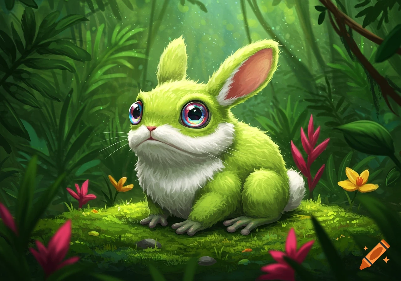 A cute, stylized green fro-rabbit hybrid with large colorful eyes sits in a lush jungle with vibrant flowers.