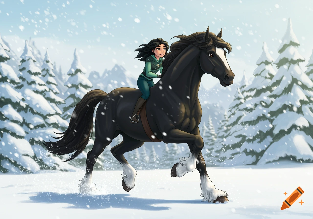 Animated girl with black hair riding a black Clydesdale horse through a snowy forest while it snows.
