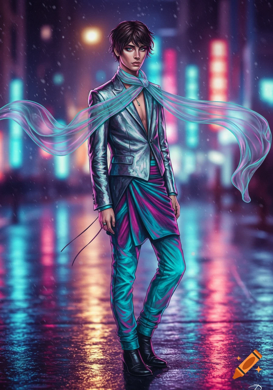 A person in a metallic teal suit, pink and teal draped pants, and a flowing teal scarf stands on a wet, neon-lit city street at night.