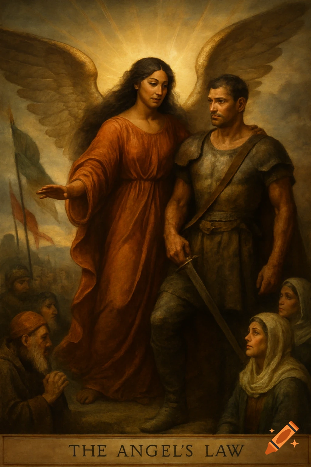 Renaissance painting titled 'The Angel's Law', showing an angel with wings guiding a soldier, with onlookers, bathed in golden light.