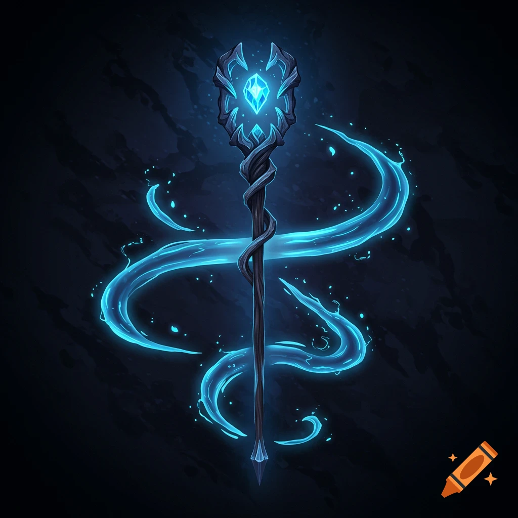 A dark, ornate staff with a glowing blue crystal at its head, emanating swirling ethereal blue energy against a dark background.
