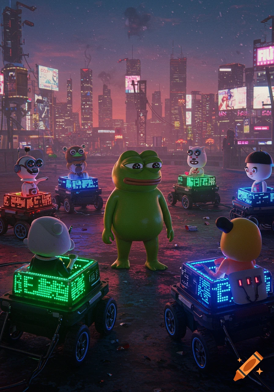 A 3D render of Pepe the Frog standing in a neon-lit dystopian city, surrounded by various cartoon characters riding glowing wagons.