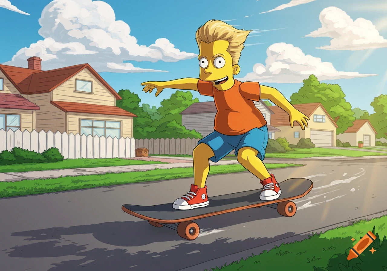 A yellow-skinned cartoon boy with spiky blonde hair, wearing an orange shirt and blue shorts, skateboards down a sunny suburban street.