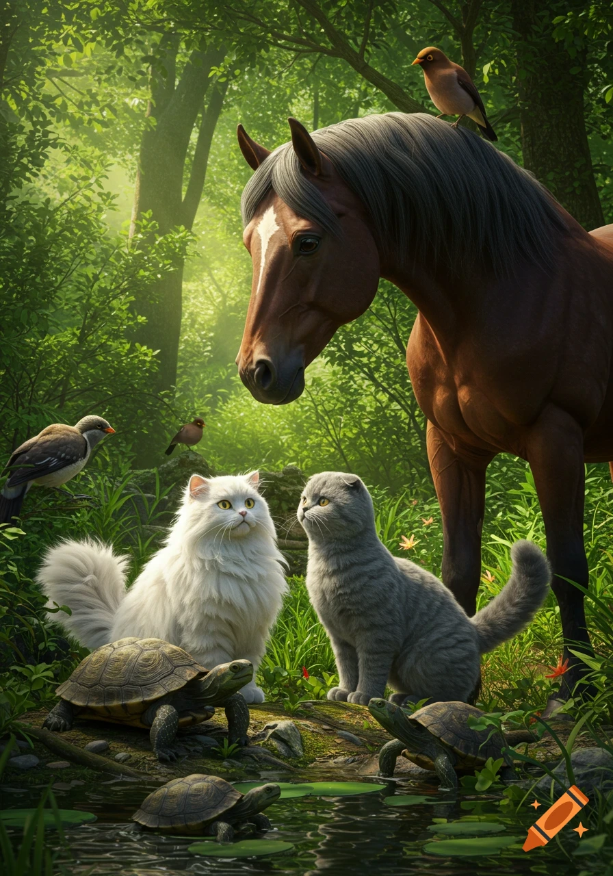 A realistic digital art image of a brown horse, a white Persian cat, a grey Scottish Fold cat, birds, and turtles in a lush green forest.