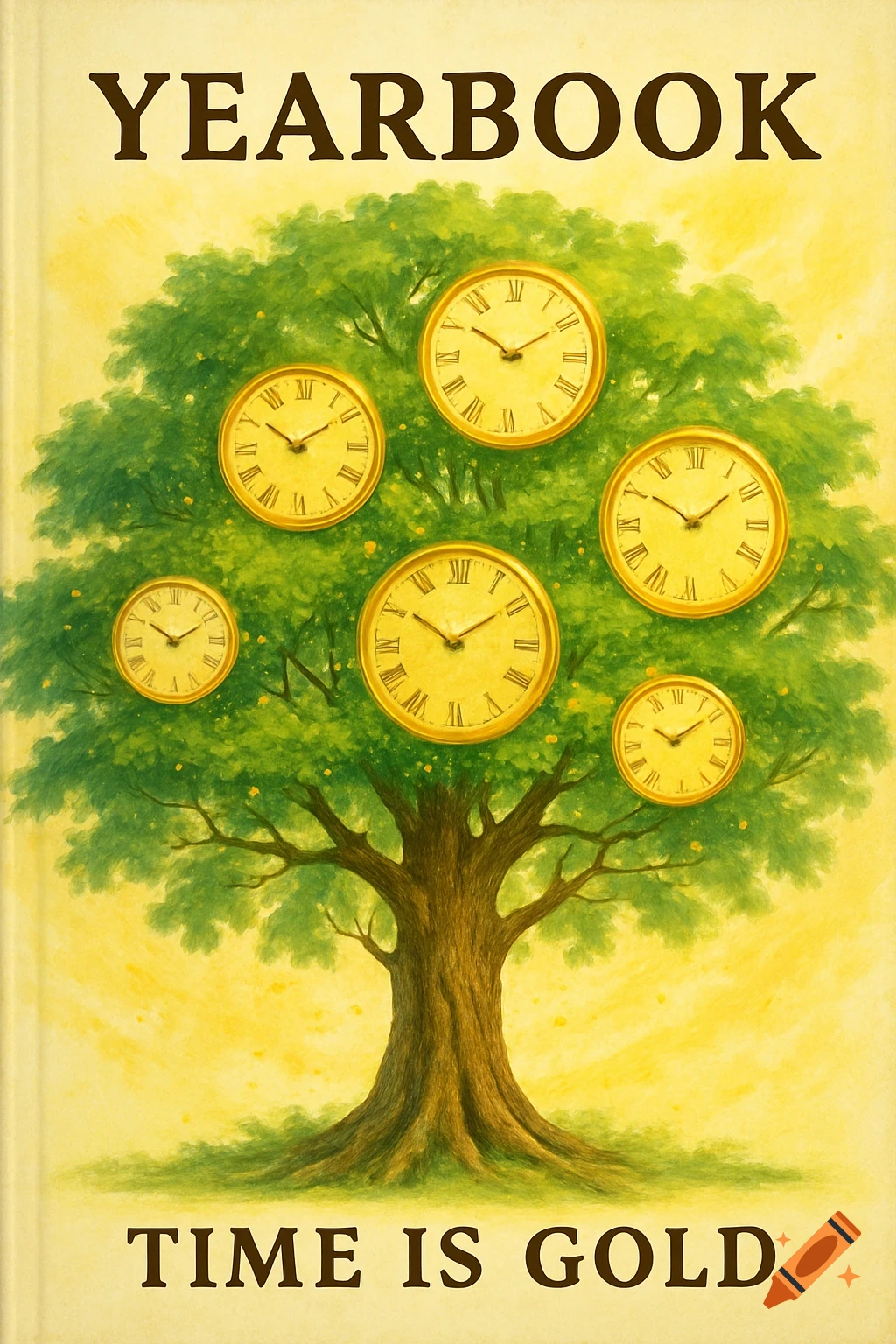 A stylized yearbook cover with a green tree whose fruit are golden clocks, on a yellow background, text 'YEARBOOK', 'TIME IS GOLD'.