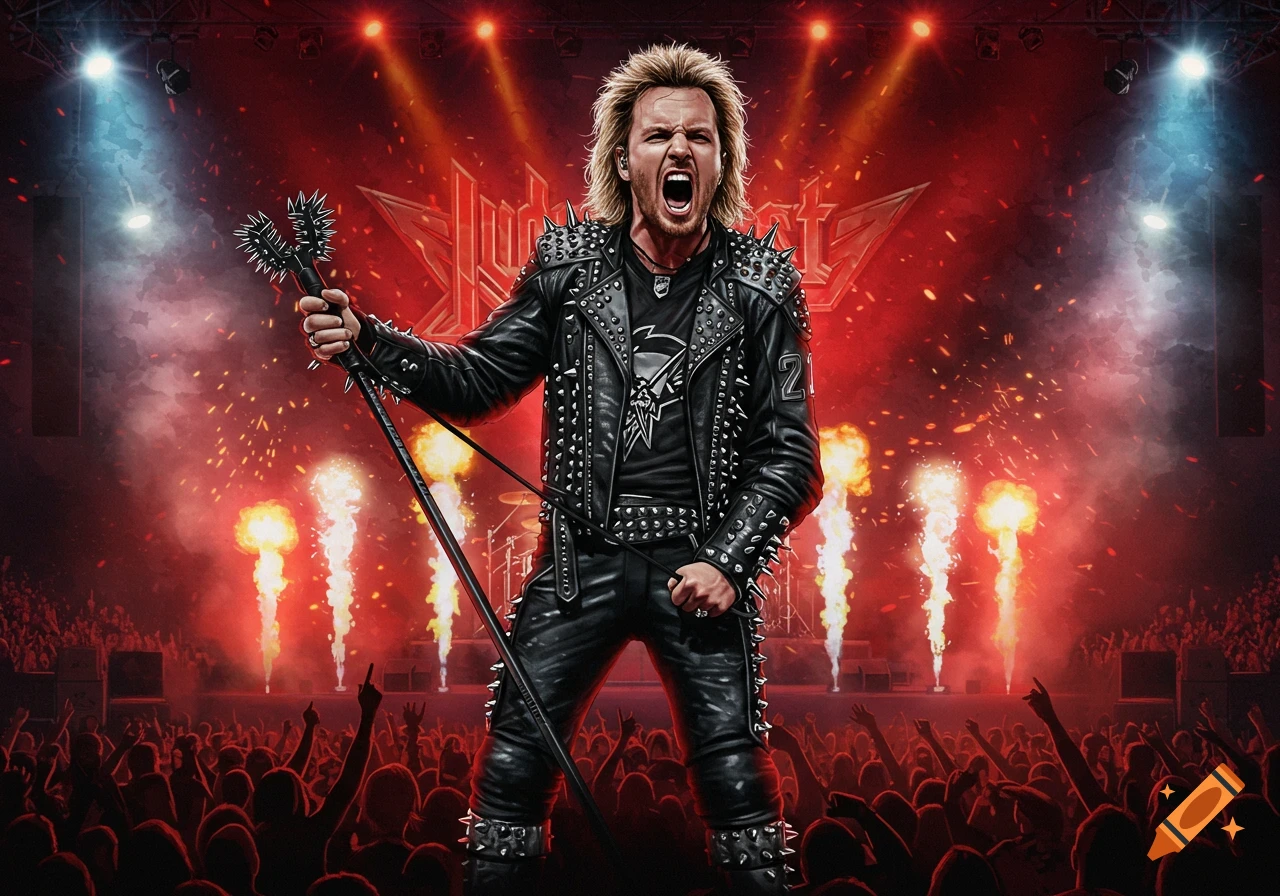 A heavy metal singer in a studded leather jacket screams into a spiked microphone on stage, with pyro effects and a cheering crowd.