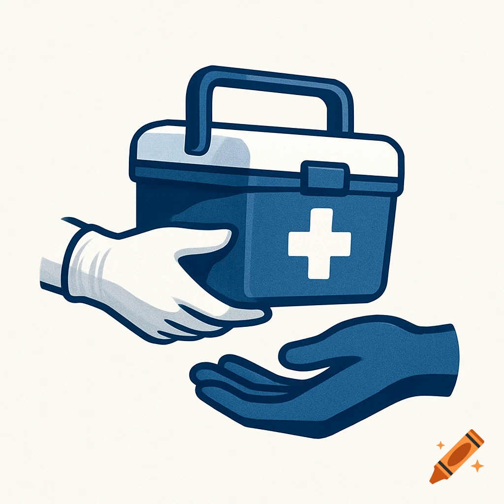A stylized illustration of a gloved hand passing a blue medical cooler box with a white cross to an open hand, on a light background.
