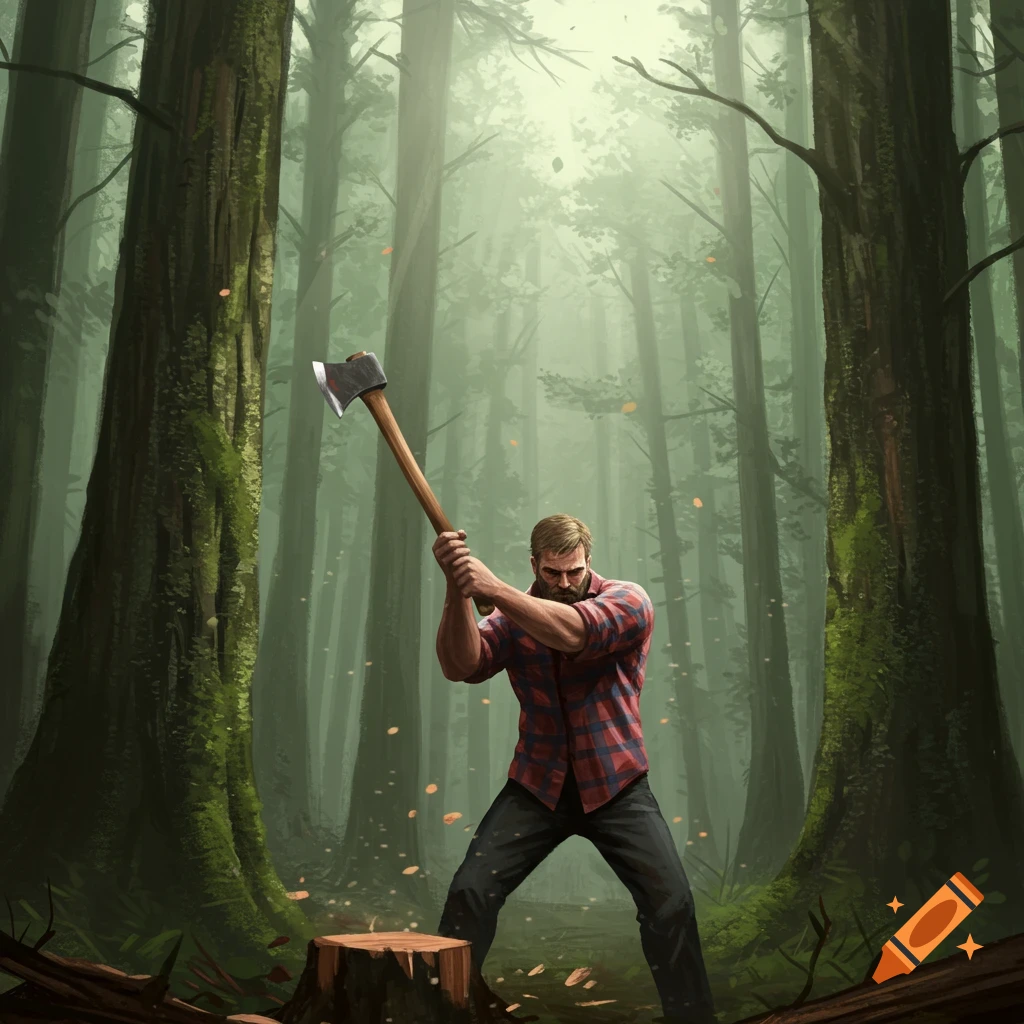 A bearded man in a plaid shirt, holding an axe over a tree stump in a misty forest, in an illustrative style.