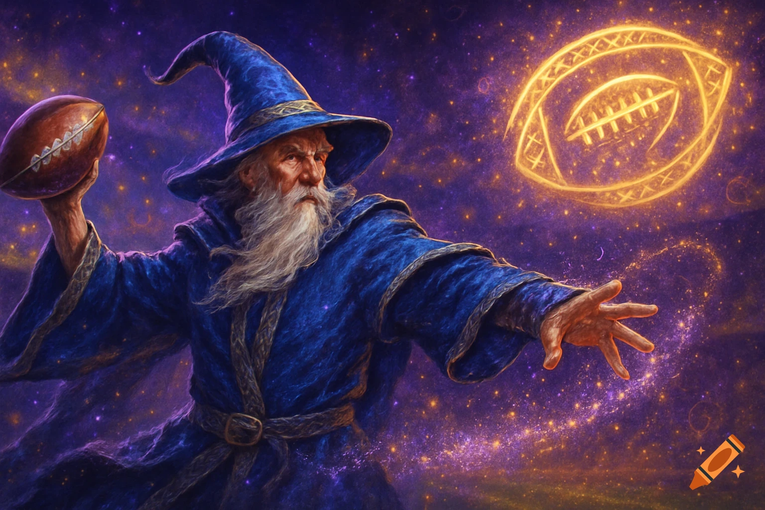 A blue-robed wizard with a white beard holds a football and casts a glowing football shape into a starry night sky, digital art.