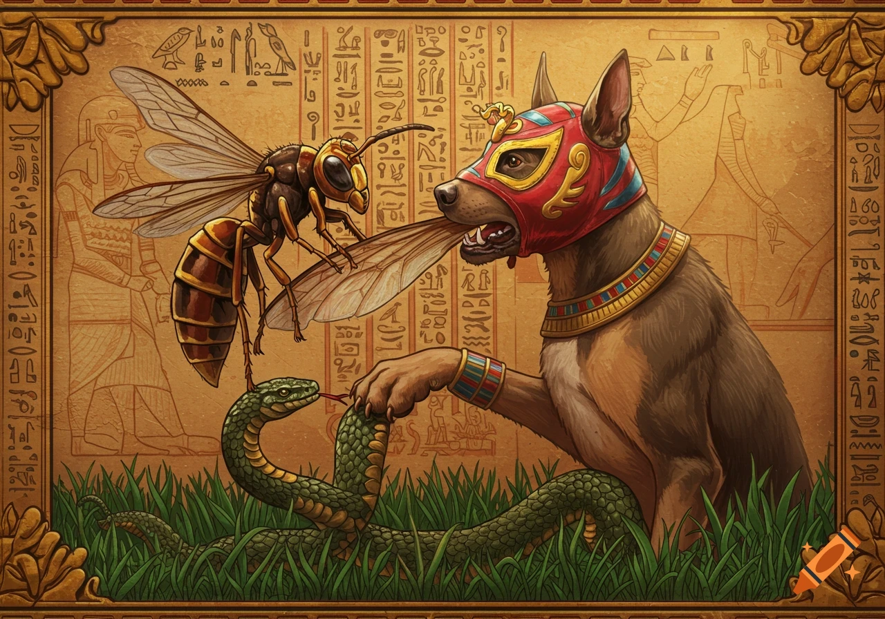 A dog in a red luchador mask bites a hornet's wing, with a green snake on the grass, against a hieroglyphic background.