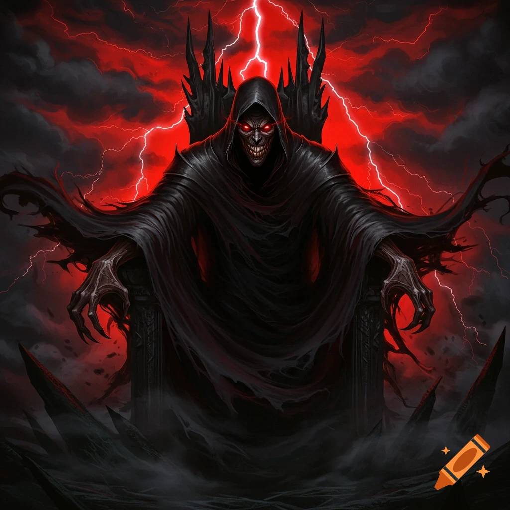 A menacing hooded figure with glowing red eyes and sharp teeth sits on a dark throne, against a stormy red sky with lightning. Dark fantasy art.