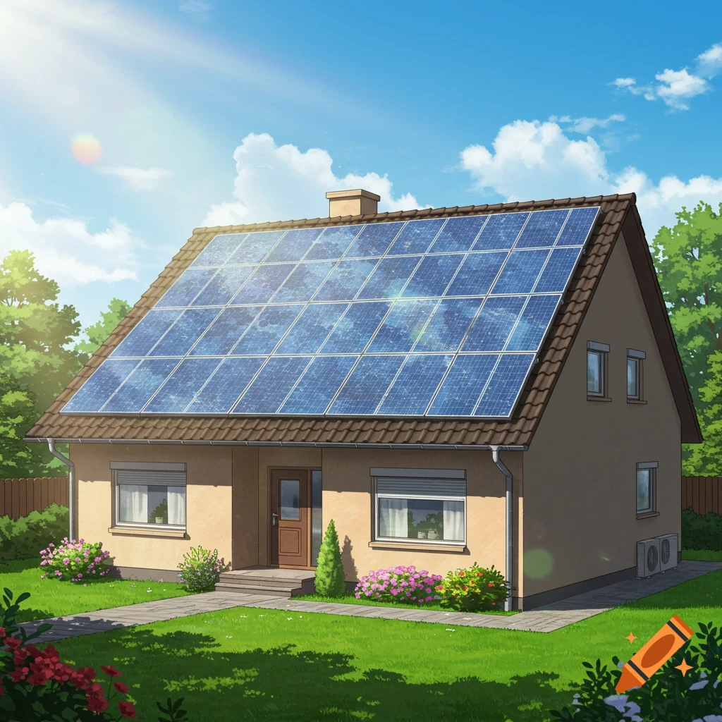 Cartoon house with solar panels on roof, green lawn, flowers, and trees under a sunny sky.