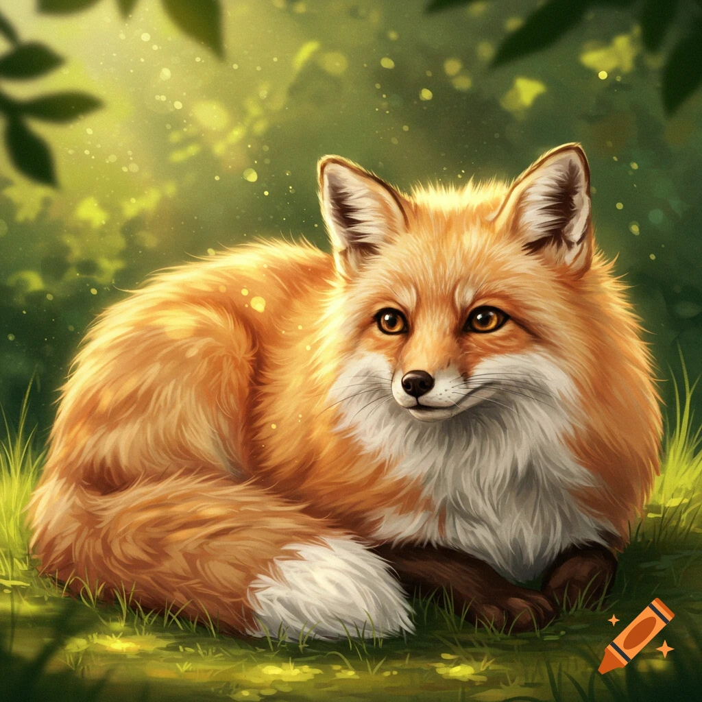 A fluffy, semi-realistic digital painting of a red fox with golden fur and warm eyes, lying curled in sunny green grass.