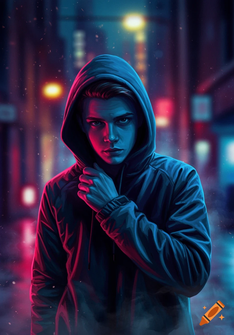 Digital art portrait of a young man in a blue hoodie, illuminated by red and blue neon lights on a dark city street.