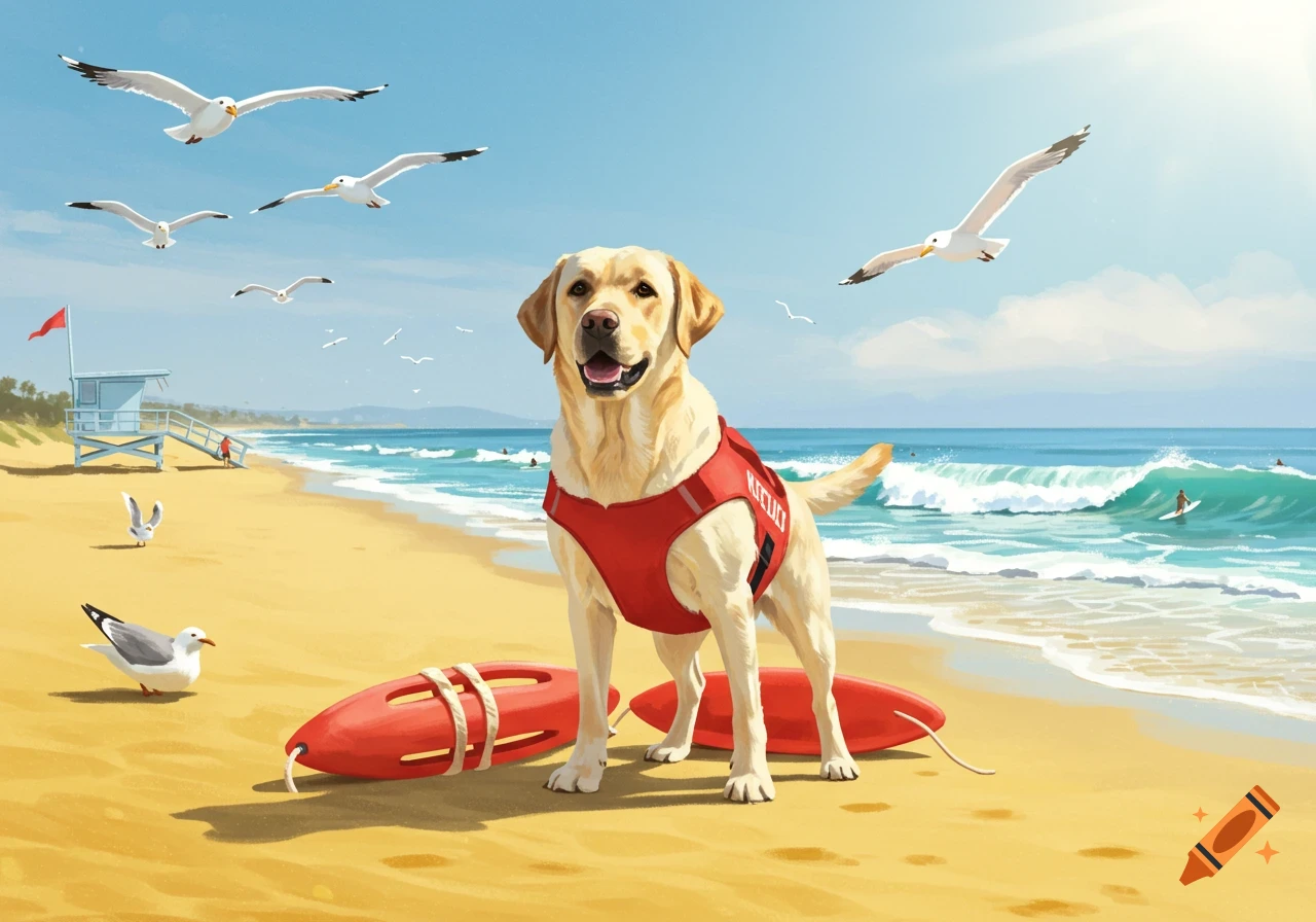 A happy golden retriever wearing a red lifeguard vest stands on a sunny beach with two red buoys, seagulls, and a lifeguard tower in the background. A surfer is in the ocean.