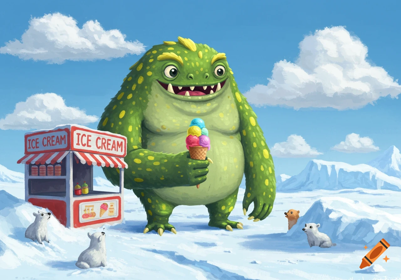 A happy green cartoon monster with yellow spots holds an ice cream cone near an 'ICE CREAM' stand in a snowy arctic landscape with polar bears.