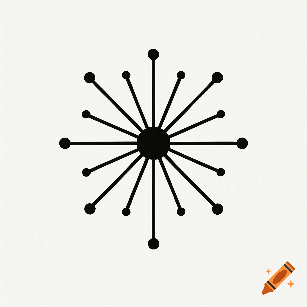 A minimalist black-and-white abstract symbol with a central black circle and radiating lines ending in dots.