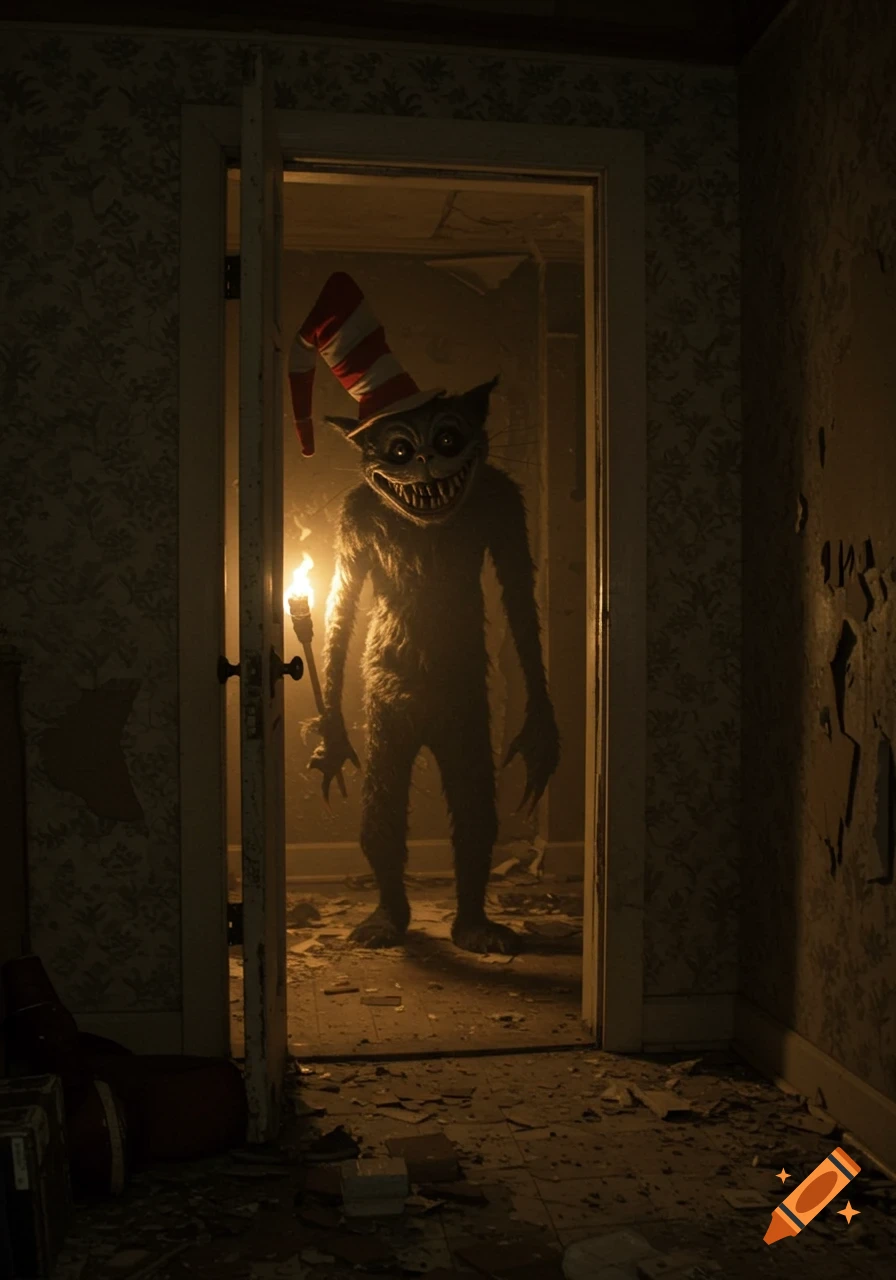 A terrifying, furry, cat-like monster in a striped hat, with large teeth and glowing eyes, stands in a dark, decaying doorway, holding a flaming torch.