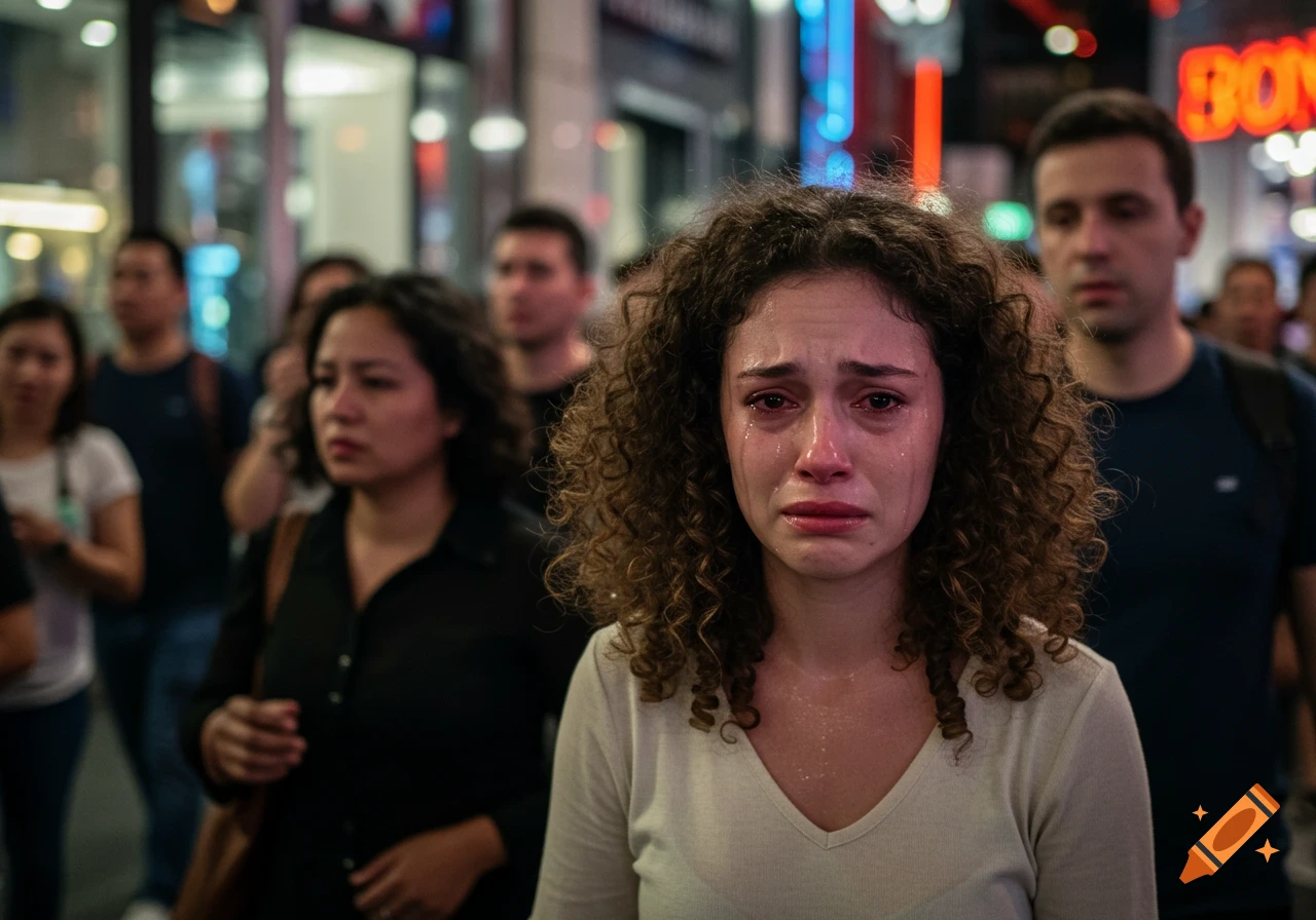 A curly-haired woman with tears streaming down her face stands distressed in a blurry city crowd at night.