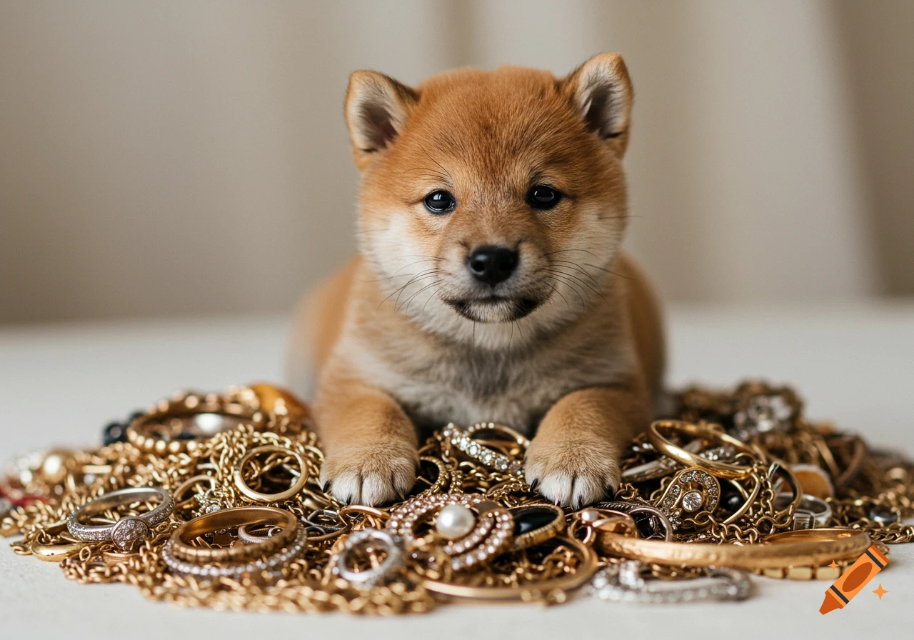 A cute photorealistic Shiba Inu puppy lies on a large pile of gold and silver jewelry.