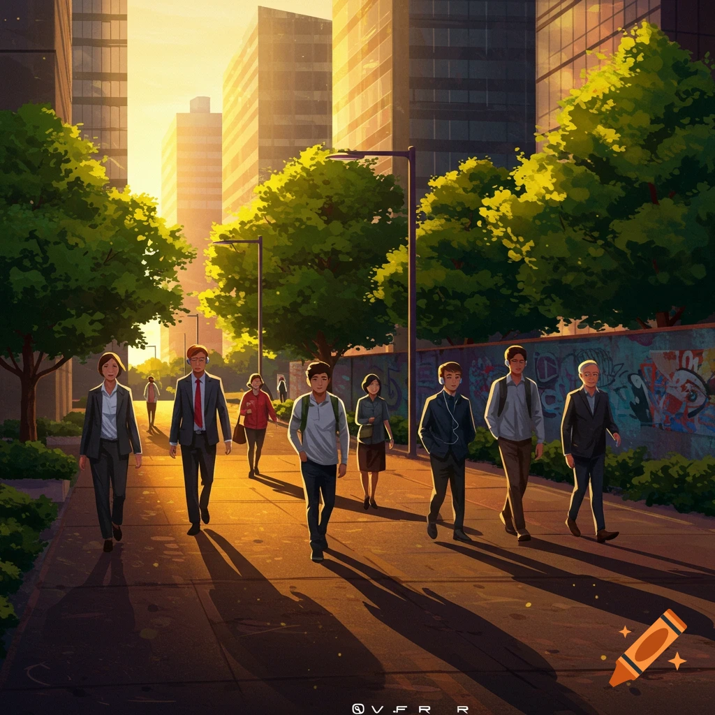 An animated illustration of a diverse group of people walking on a sunlit city sidewalk, with buildings and trees.