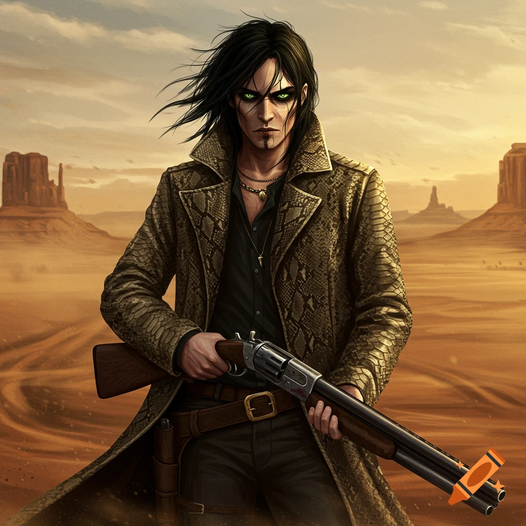 A character with long dark hair, green eyes, and a snake-patterned coat holds a shotgun in a desert. Art style.