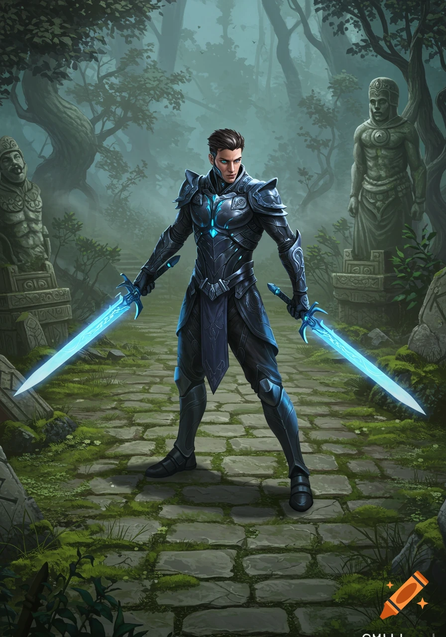 Male warrior in dark, glowing armor holds two blue energy swords on a stone path in a misty fantasy forest with ancient statues.