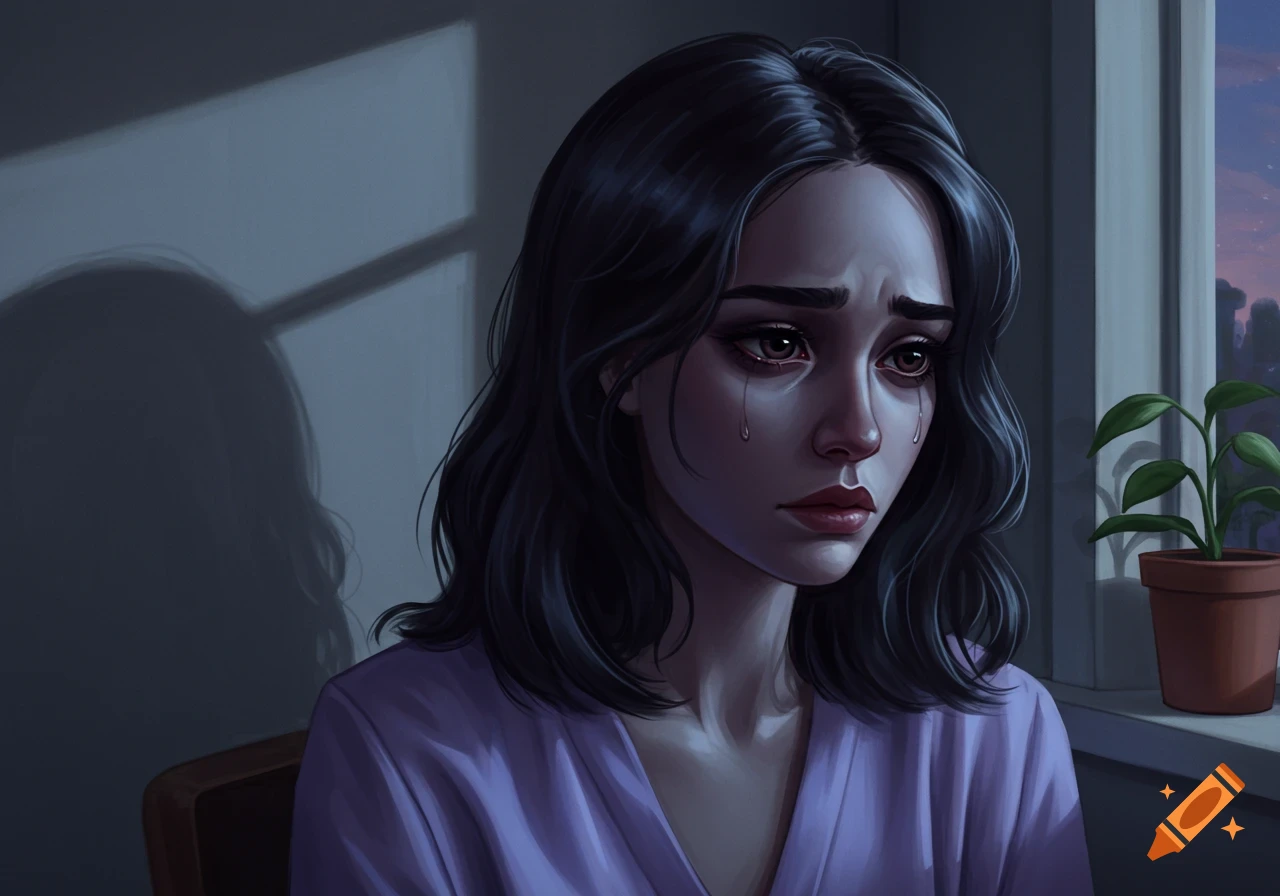 A digital painting of a sad, dark-haired woman with tears streaming down her face, sitting by a window at dusk.