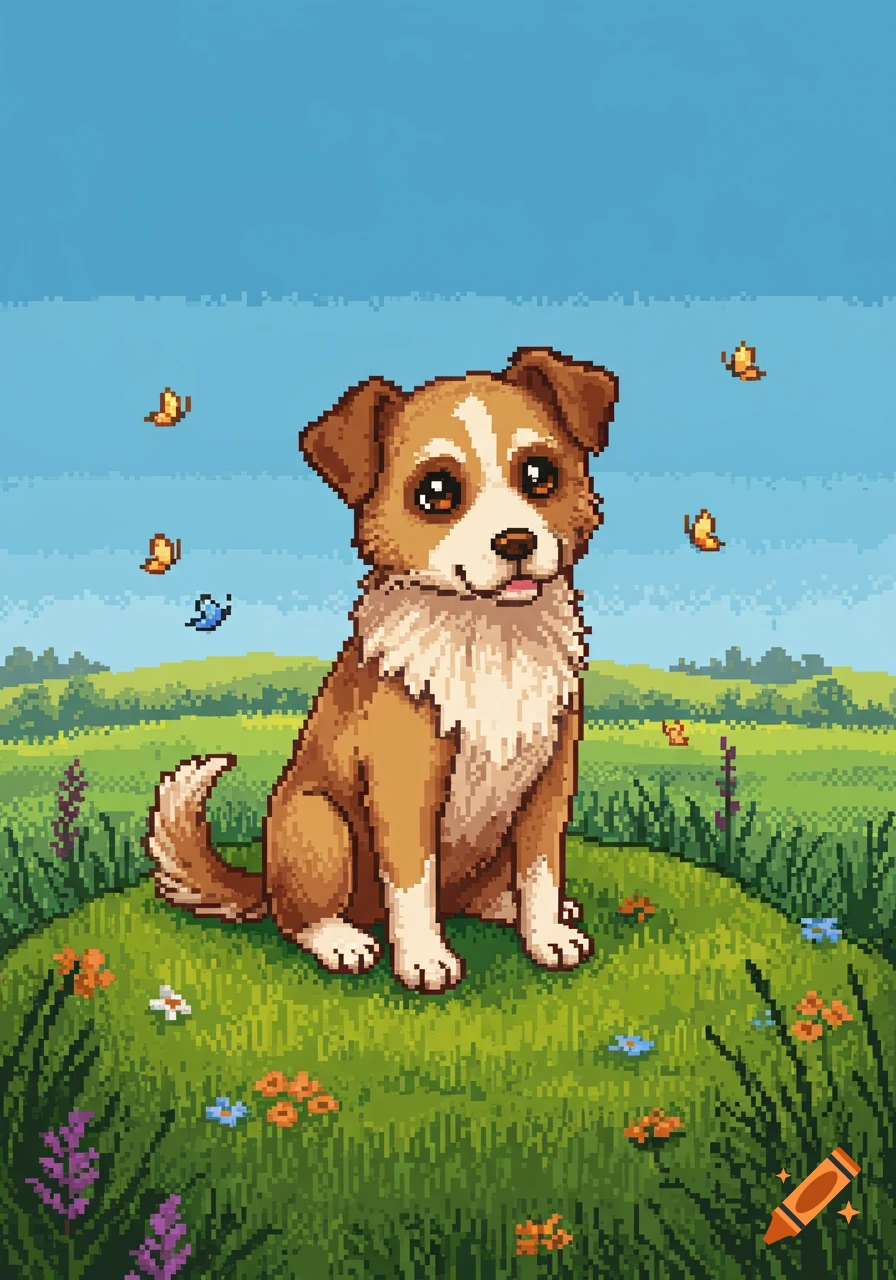 Pixel art illustration of a brown and white dog sitting in a grassy field with butterflies under a blue sky.