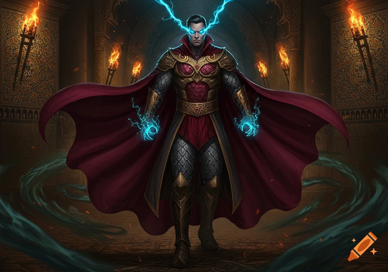 A powerful male mage in red and gold armor with glowing blue eyes and lightning, standing in an ornate, torch-lit room.