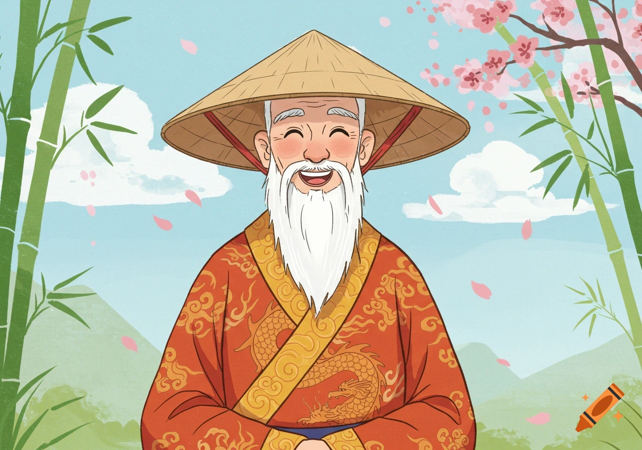 A smiling elderly Chinese man with a white beard and a conical hat, wearing a red robe with dragon patterns, stands amidst bamboo and cherry blossoms in a cartoon style.