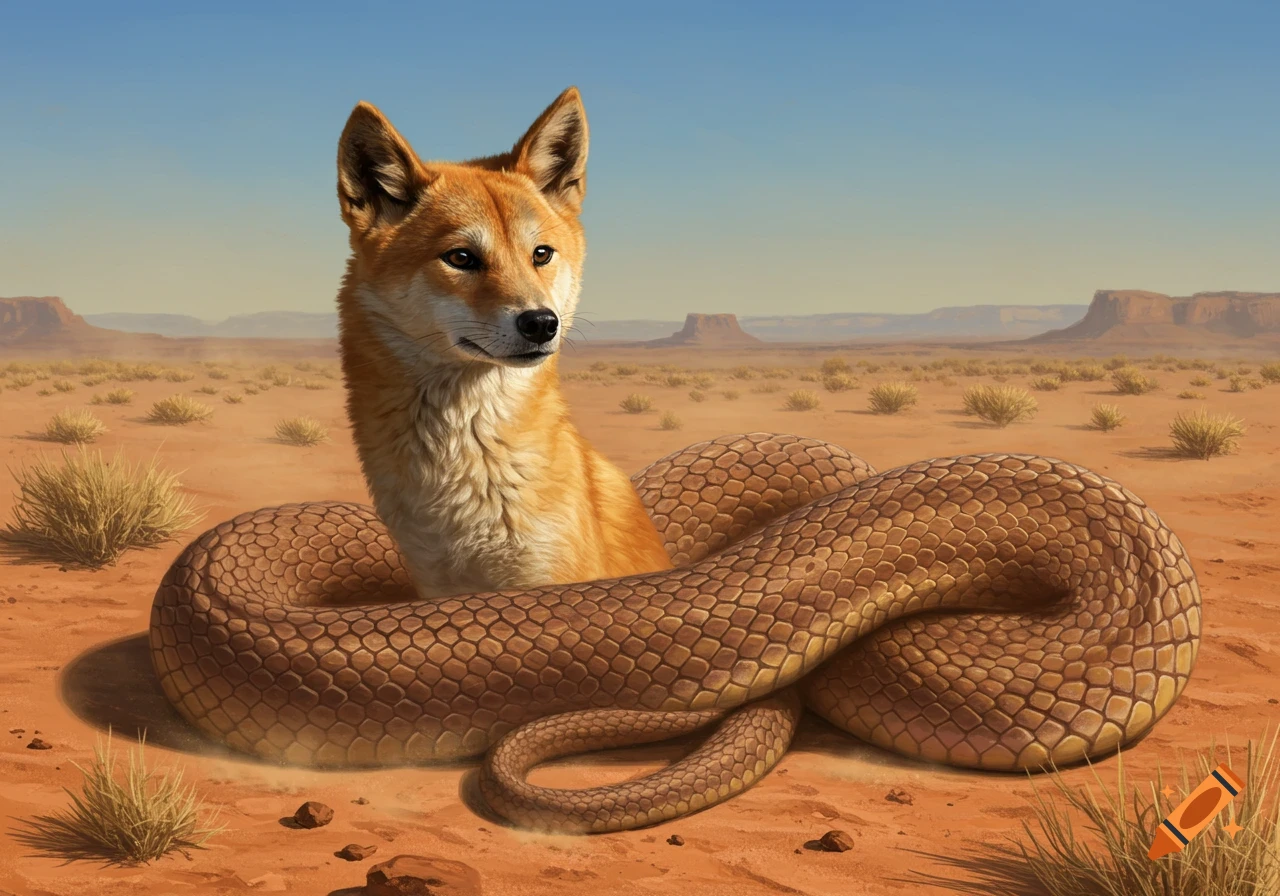 A realistic illustration of a dingo's head on a snake's body, looking right in an arid desert landscape.