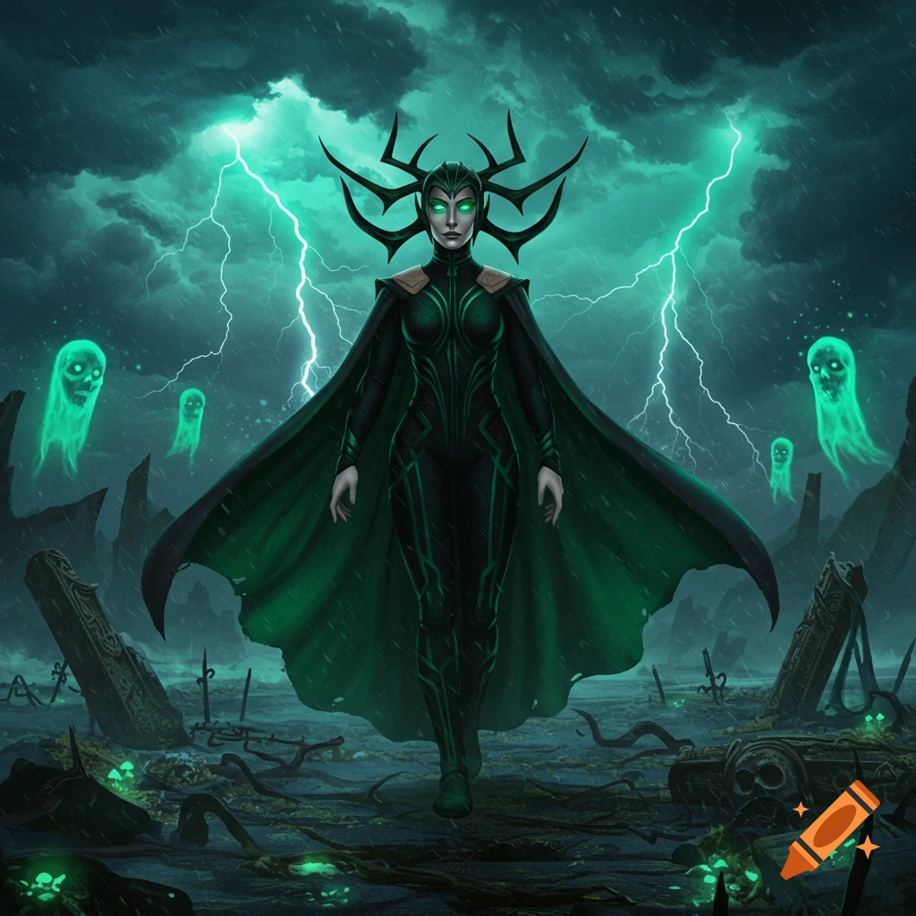 Hela, goddess of death, stands in a dark, stormy landscape with green lightning and glowing ghosts.