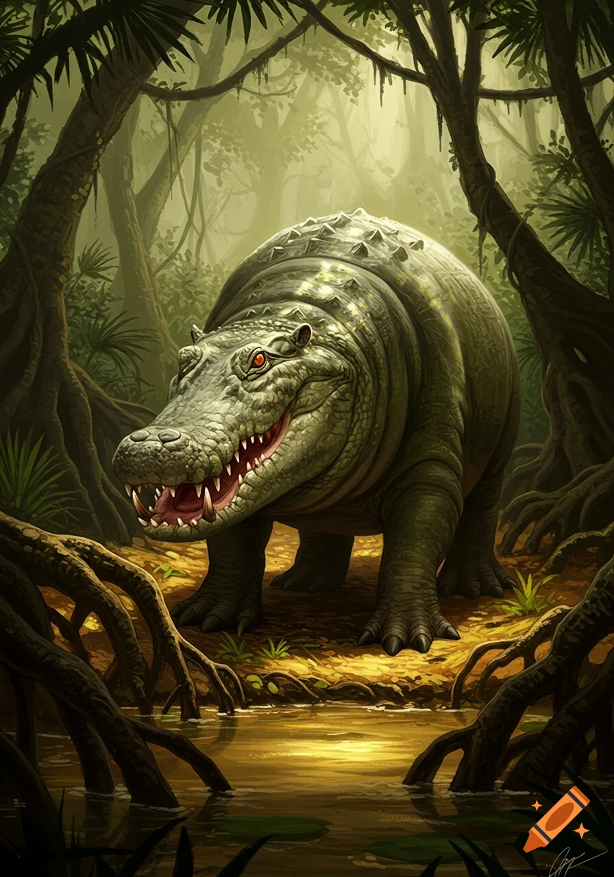 A green, scaly hippo-crocodile hybrid creature with glowing red eyes stands grinning in a misty jungle swamp with roots and water.