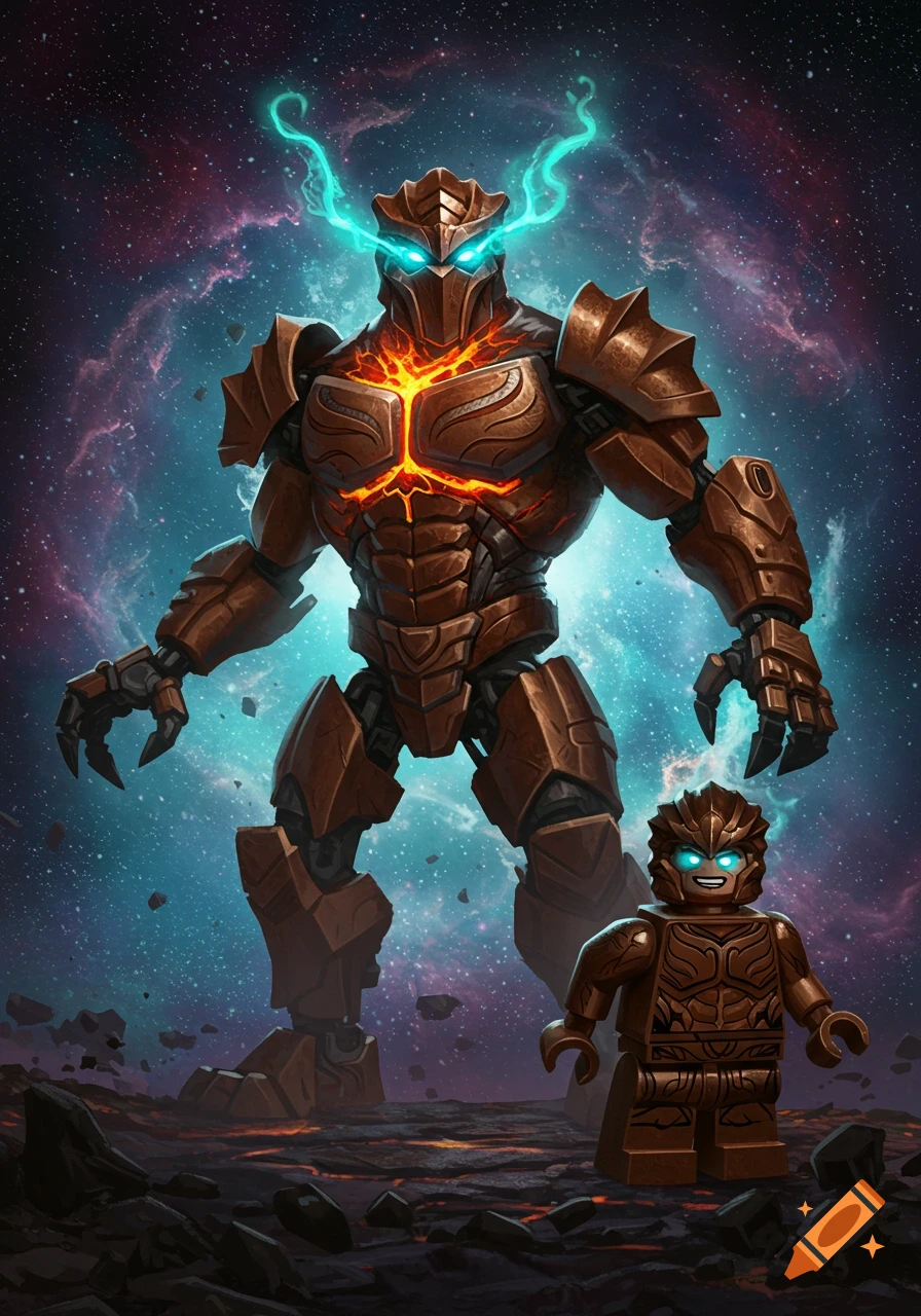 A large brown armored robot with glowing eyes and chest stands beside a small brown Lego robot on a rocky alien world, against a cosmic nebula.
