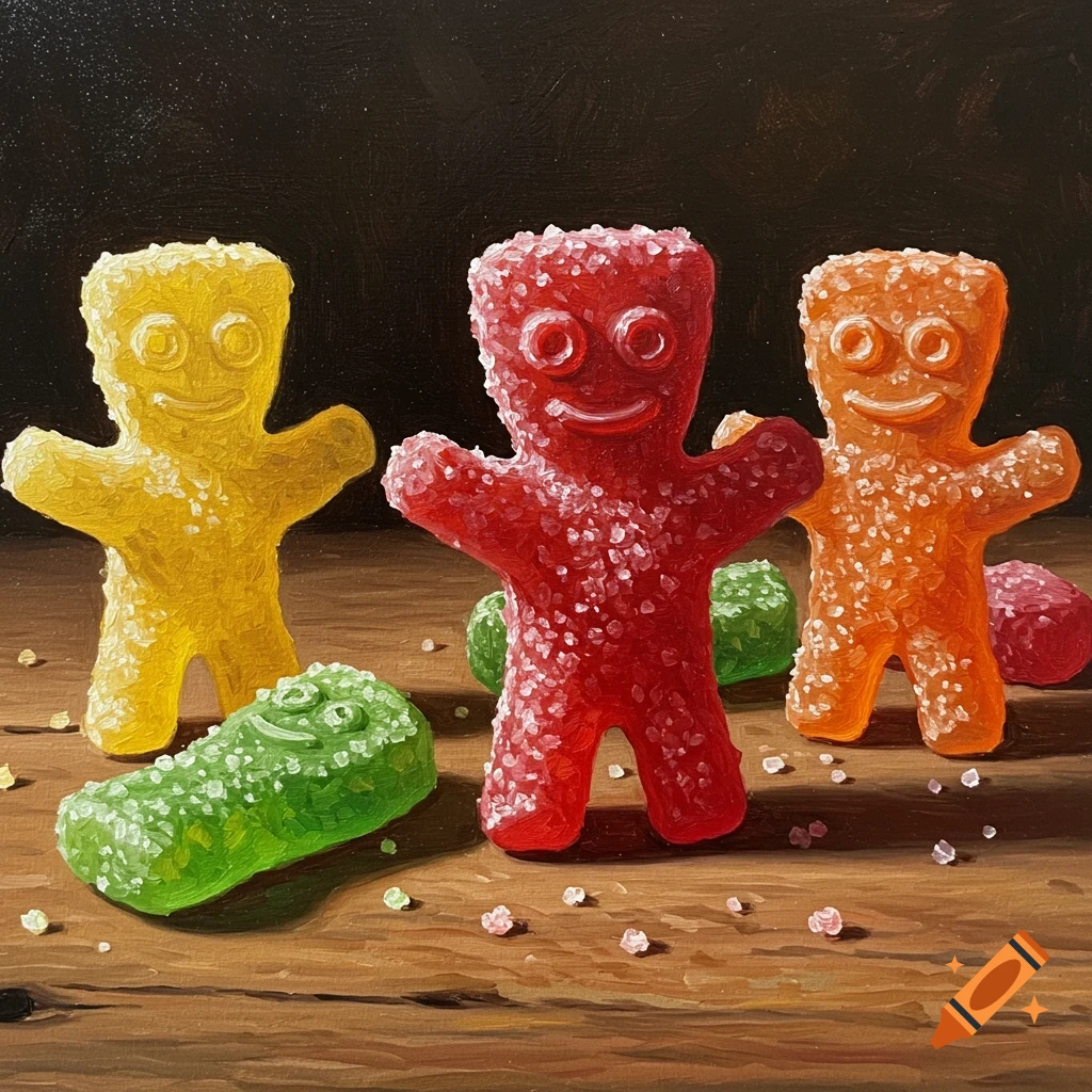 Oil painting of yellow, red, and orange Sour Patch Kids candies standing with a green one lying on a wooden surface.