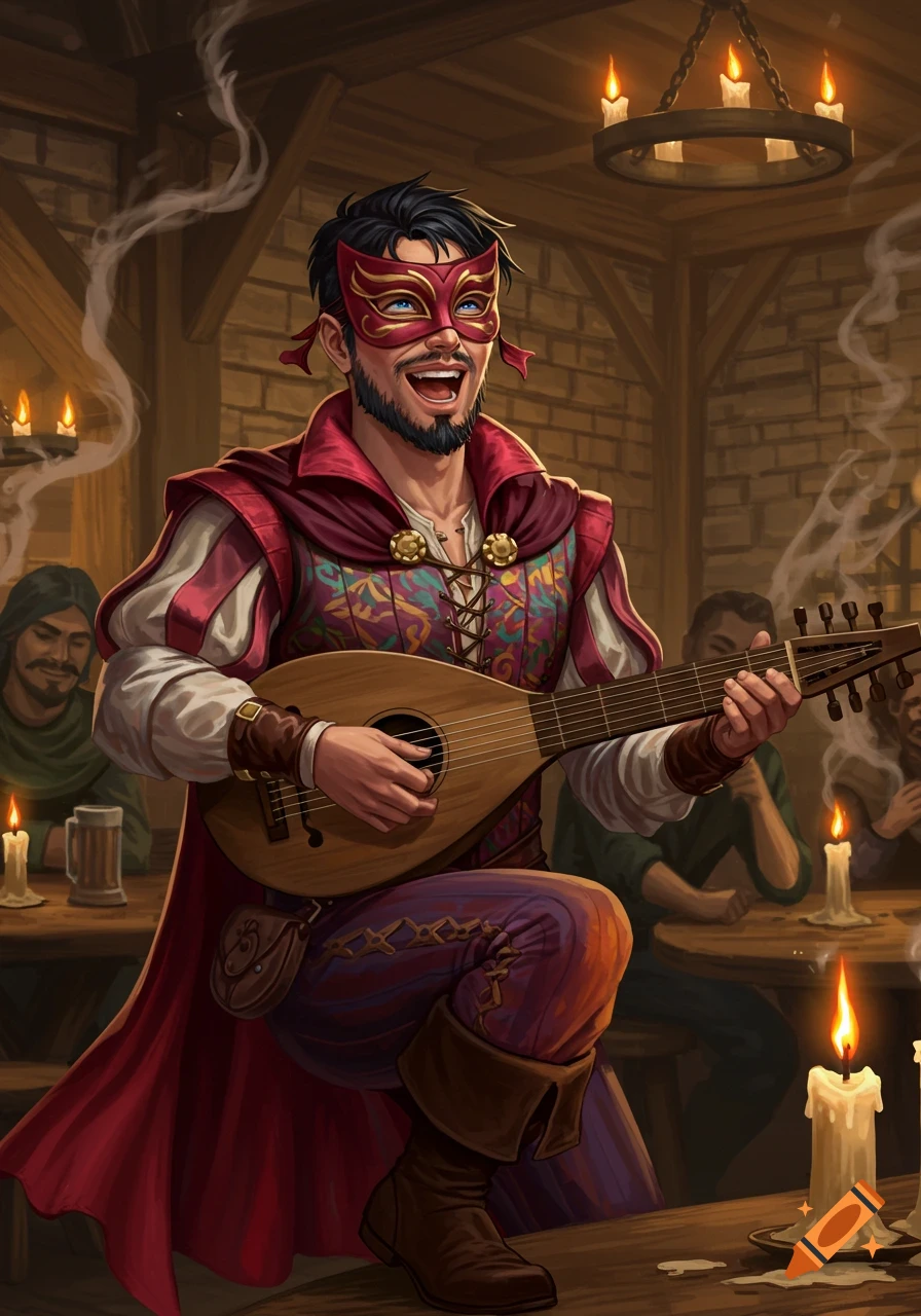 A smiling male bard in a red mask, colorful clothes, and a cape plays a lute in a dimly lit medieval tavern.