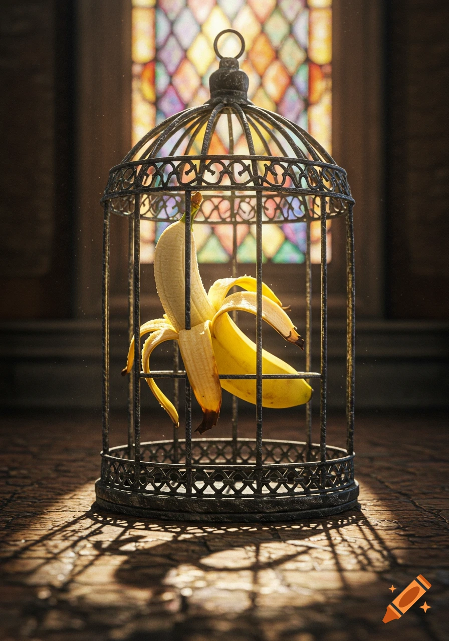 A partially peeled banana sits inside an ornate metal birdcage, with dappled light and a stained glass window behind it.
