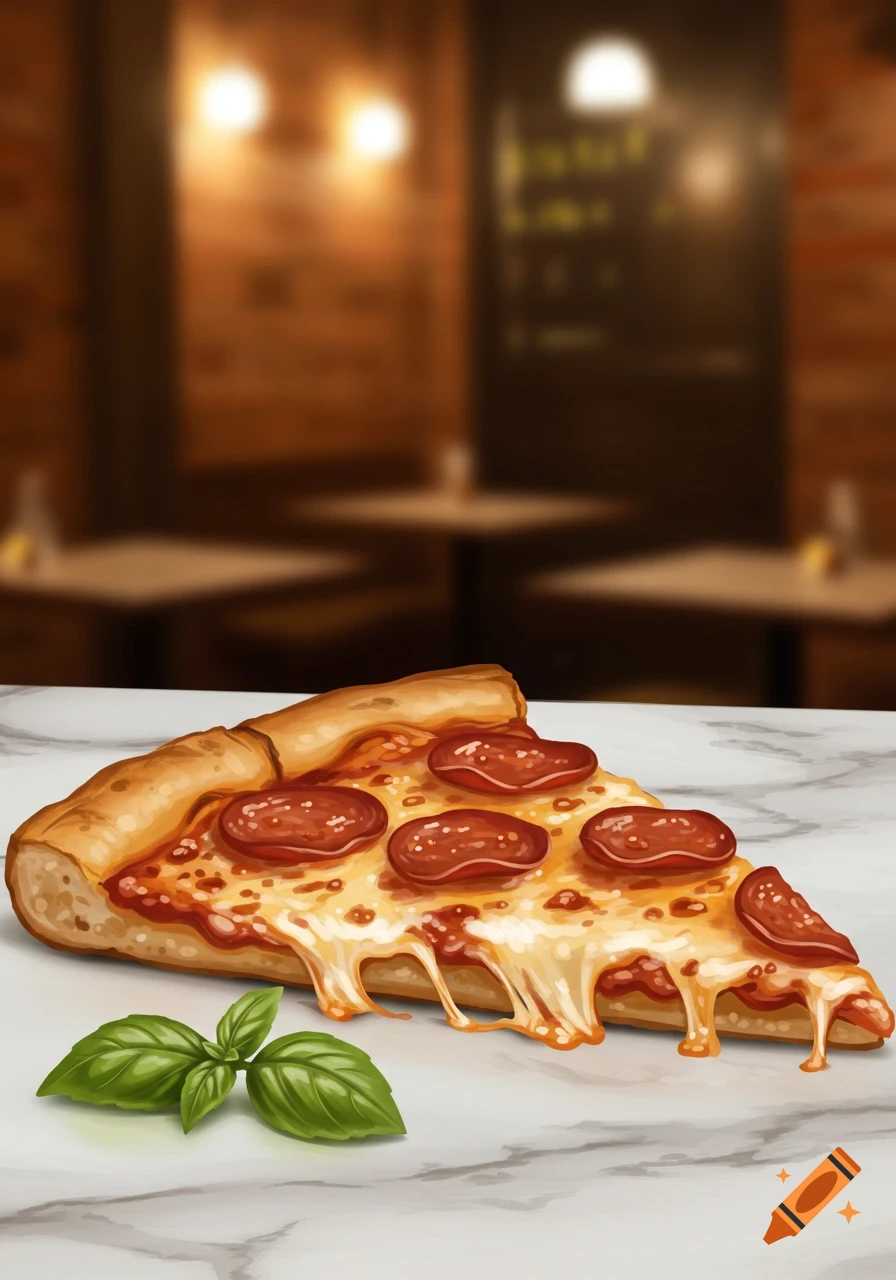 A mouth-watering slice of pepperoni pizza with melted cheese and fresh basil on a marble counter in a blurred restaurant setting.