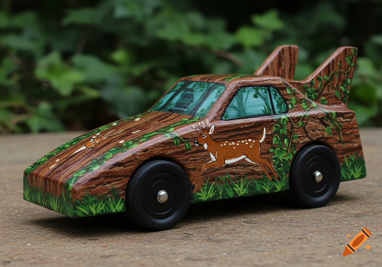A pinewood derby car painted with a wood grain, green vines, and a running deer, sitting on a stone surface with blurred green foliage in the background.